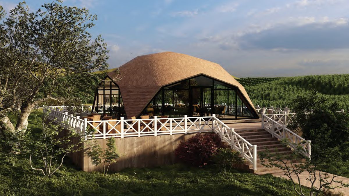GlampingHouse geodesic dome restaurant in a mountain setting
