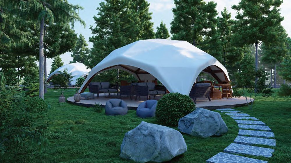 Quadrodome lounge pavilion in a forest clearing