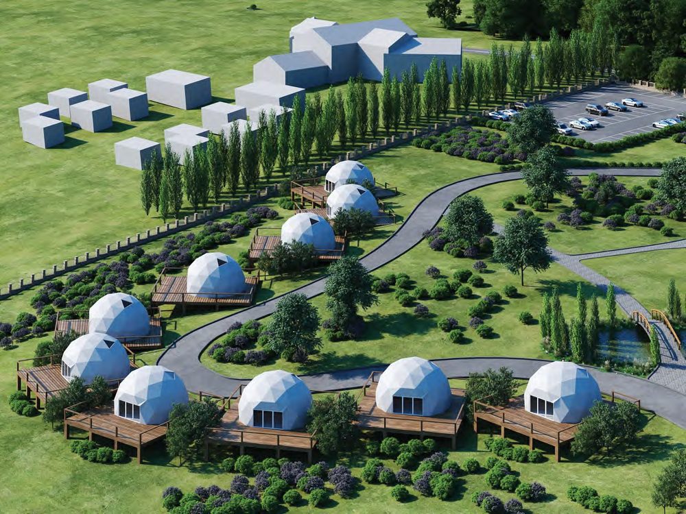 Aerial view of a clustered geodesic dome resort