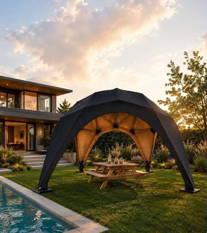 Black pavilion dome with picnic table beside a villa pool