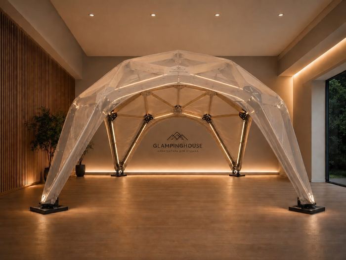 White GLAMPINGHOUSE-branded pavilion dome in the showroom
