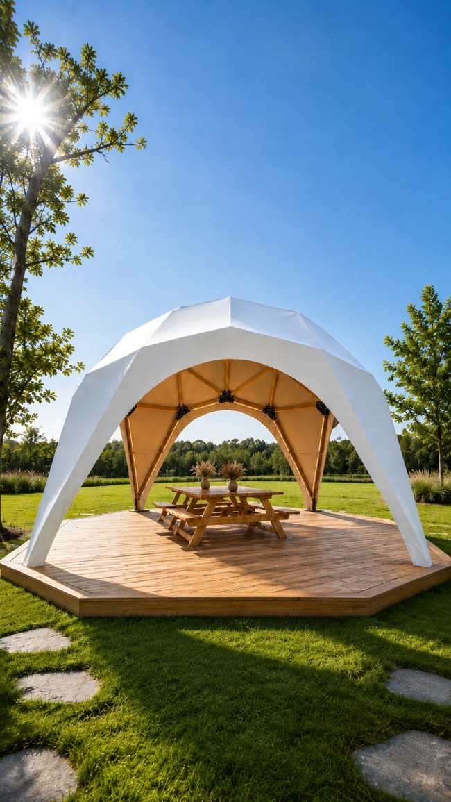 White tensile pavilion dome on a wooden deck in a sunny lawn