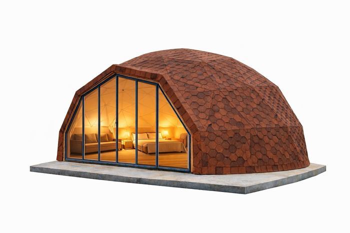 Terracotta shingled Snail dome with glazed front, studio render