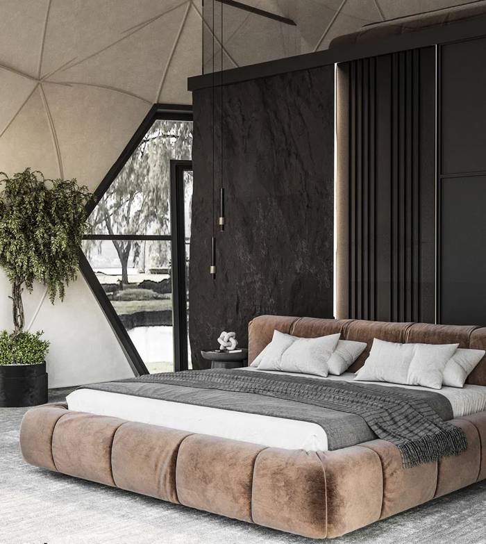 Dome bedroom interior with upholstered bed and panoramic window