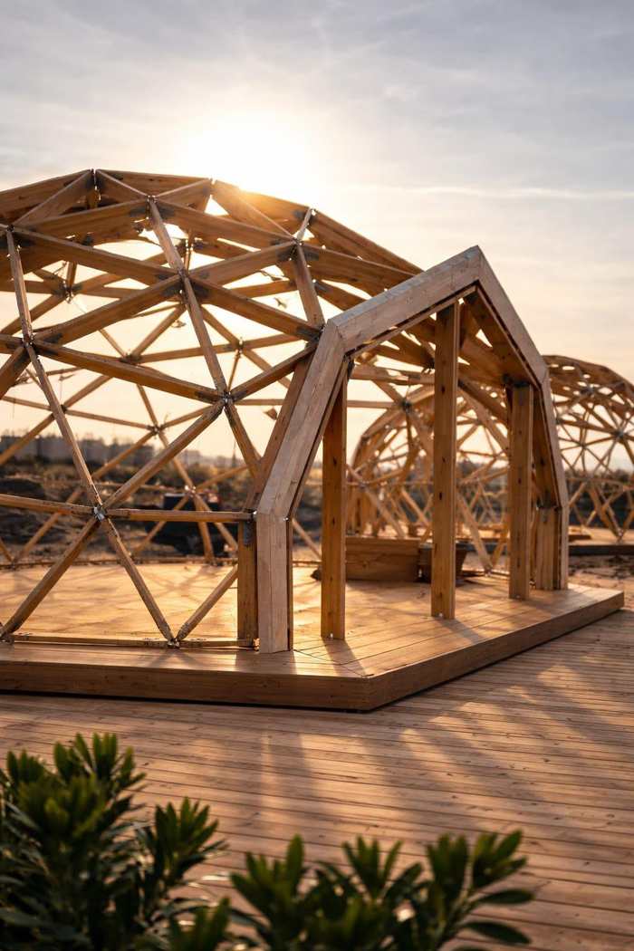 Terracotta shingled Snail dome, side angle studio render
