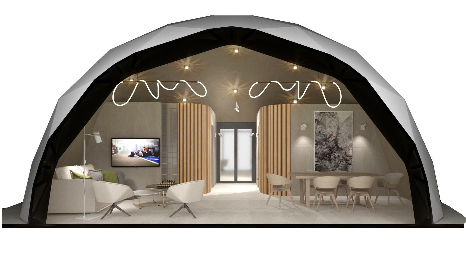 Dome Snail interior cutaway with lounge, dining area and neon lighting