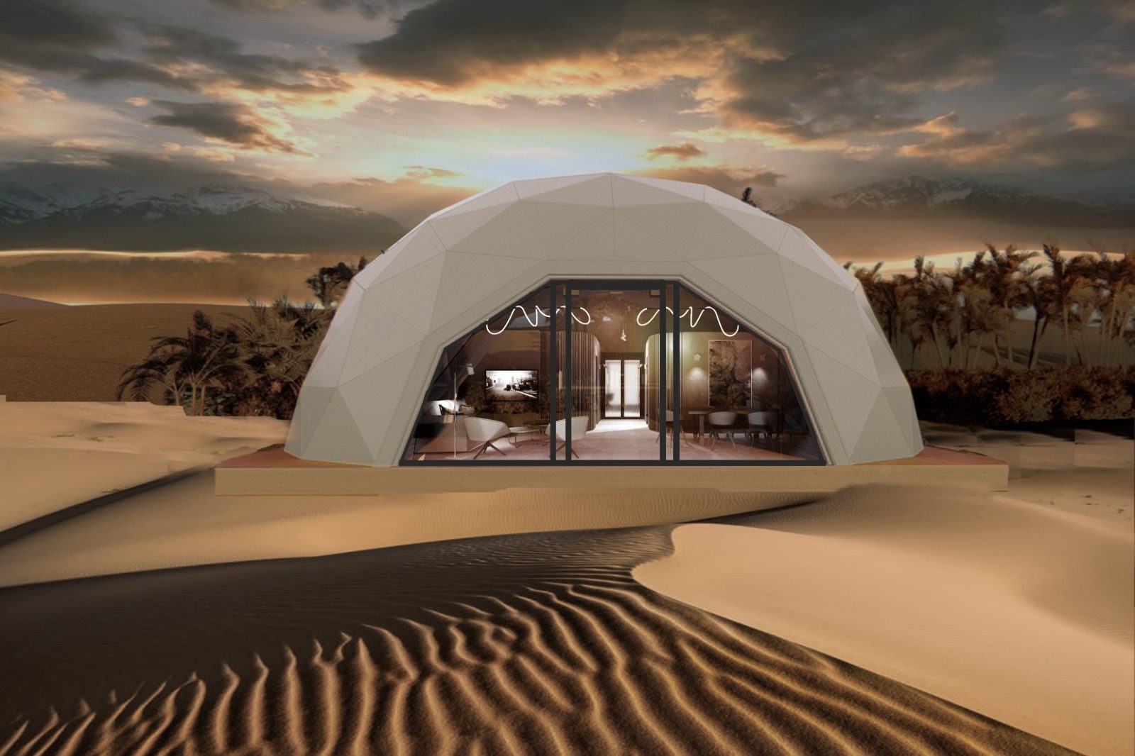 Dome Snail among desert dunes at sunset with mountains behind